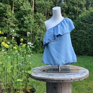 7 For All Mankind | One-Shoulder Ruffled Denim Top